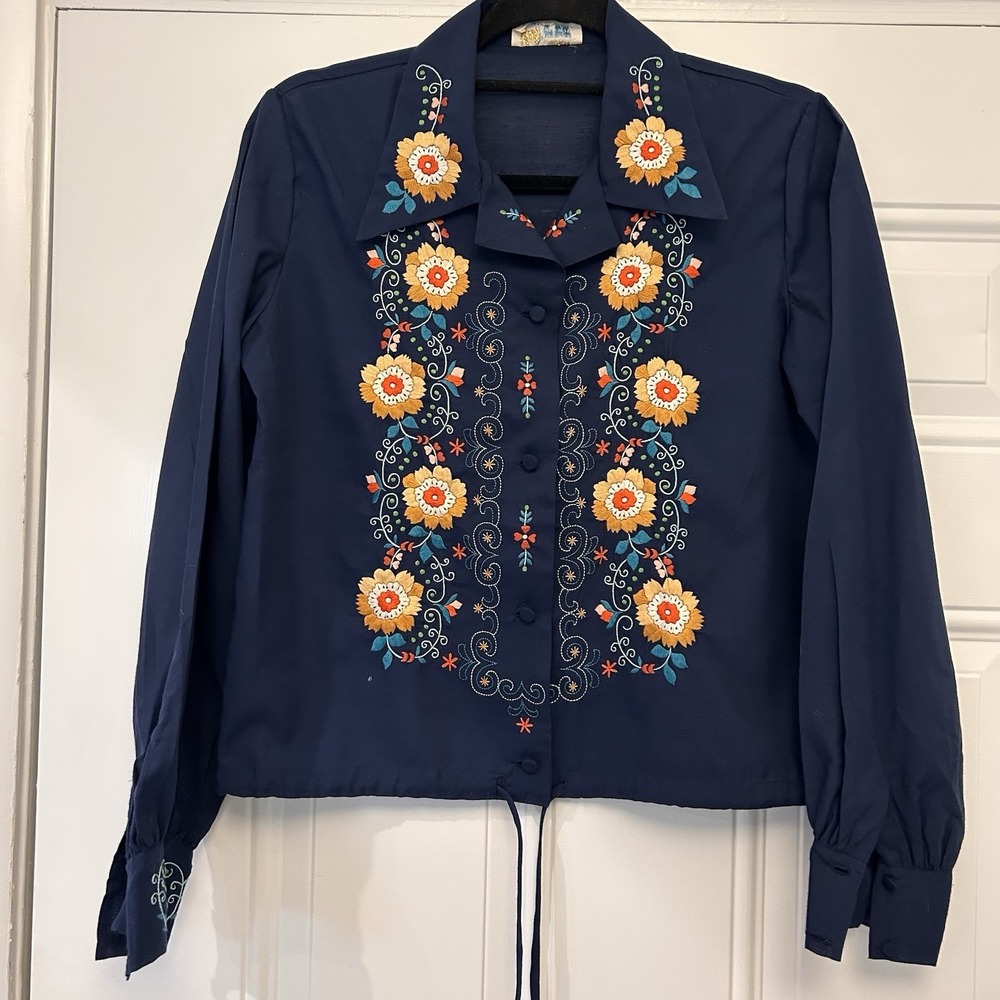 Vintage Embroidered Blue Hippy Top blouse 1970s Gypsy Festival Boho Folk Vibes